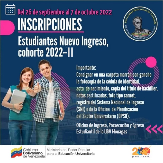 UBV Monagas inició proceso de inscripción 2022-II y se extenderá al 29 de septiembre.